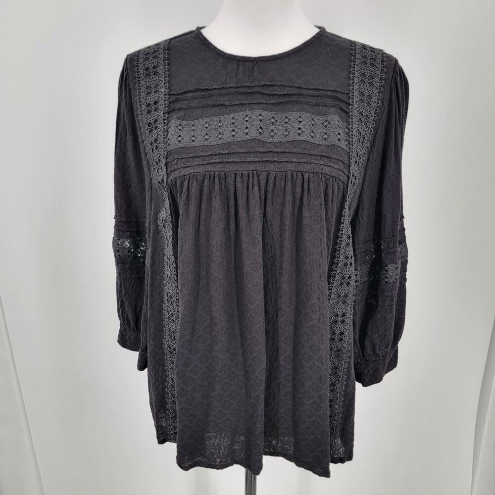 Time and Tru Blouse Womens Medium Black 3/4 Sleeve Boho Peasant Pintuck Lace Top